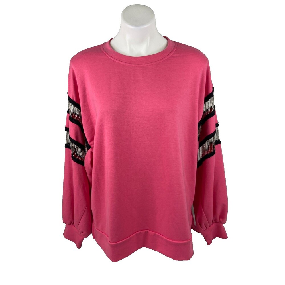 Fantastic Fawn Women Small Pink Sweatshirt Chain Stripe Sleeve Oversize Casual